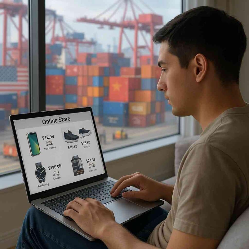 Young shopper browsing an online store on a laptop while ships and cargo containers in the background symbolize how trade wars between countries affect online shopping prices and delivery times