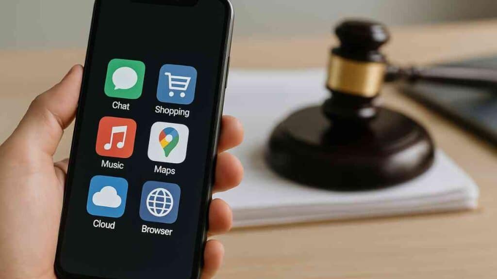 Smartphone showing popular app icons on a desk with a judge’s gavel in the background, symbolizing Big Tech antitrust cases and how they could change the apps you use.